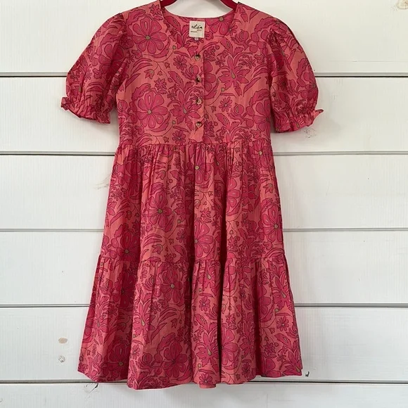 Utsa Kids Pink & Gold Floral Cotton Summer Dress Size 9/10 - Picture 2 of 14